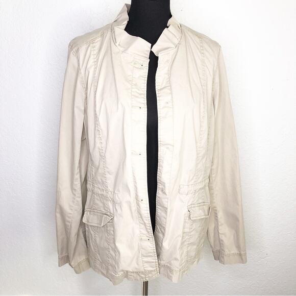 Eileen Fisher tan ruffle collar drawstring waist jacket - Picture 1 of 16